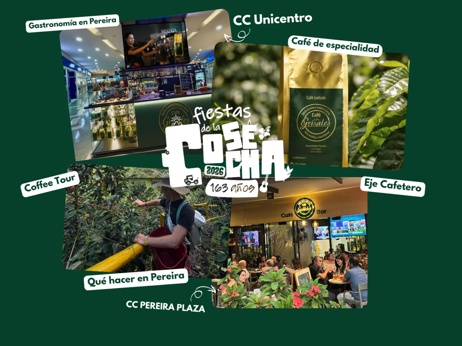 Collage des Fêtes de la Récolte 2026 avec les boutiques Café Los Grisales à Pereira, le Coffee Tour et son café de spécialité